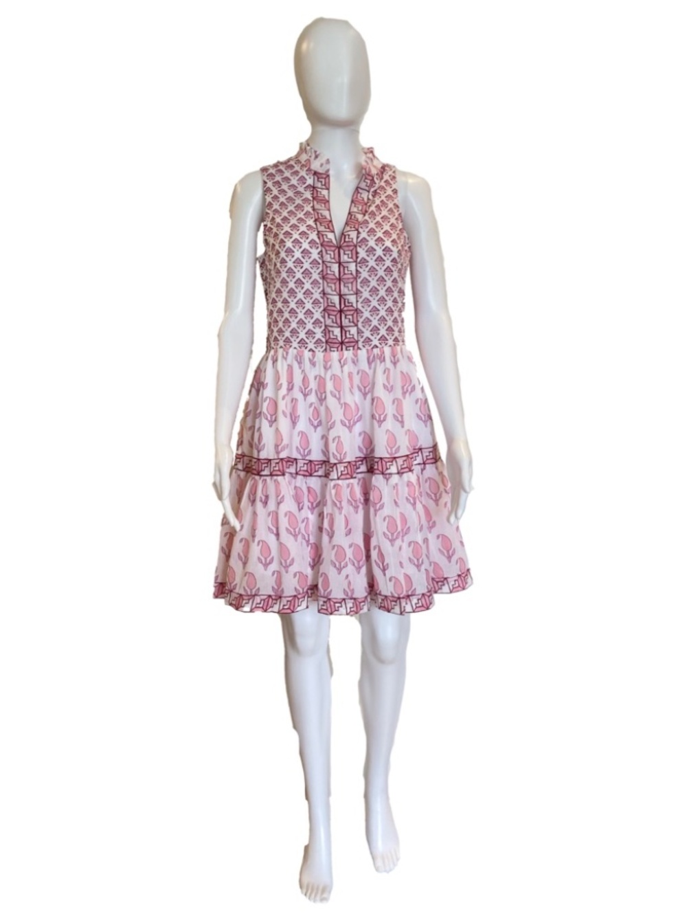 Oliphant Sleeveless Yoke Dress Tulip Pink Block Print